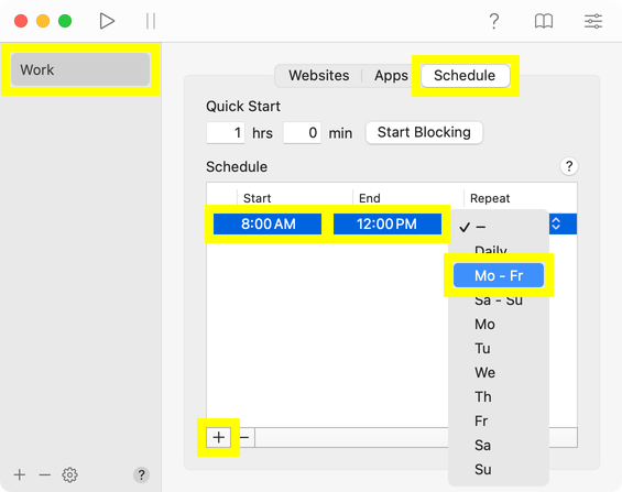 Blocking in 1Focus from 8:00 AM to 12:00 PM