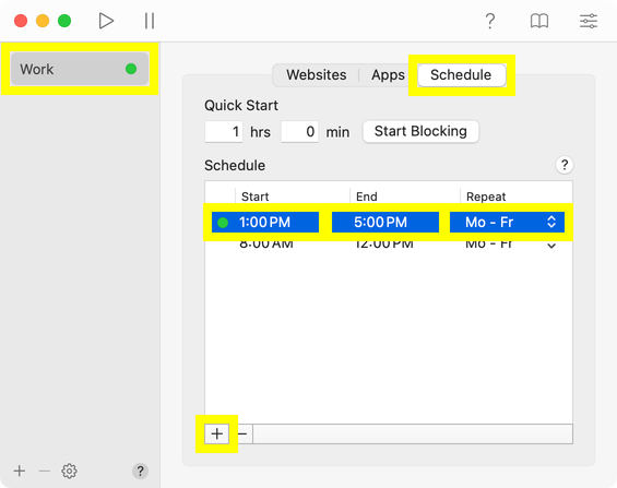 Blocking in 1Focus from 8:00 AM to 12:00 PM and 1:00 PM to 5:00 PM