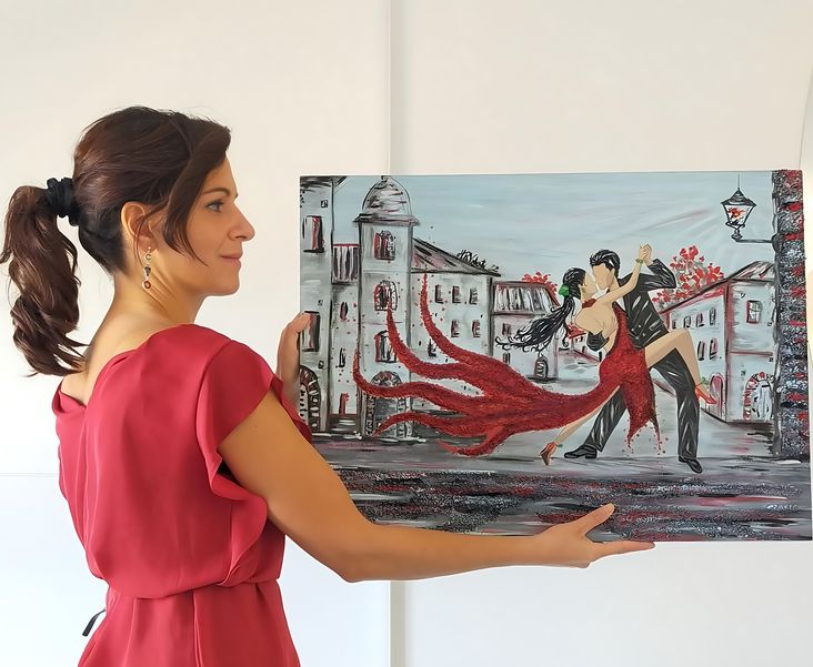 Meri with painting of dancing couple