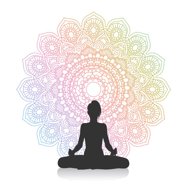 Silhouette of a woman in a yoga pose against a mandala design