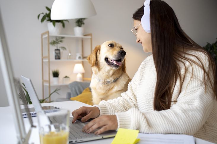 Frau im Home Office schaut ihren Hund an