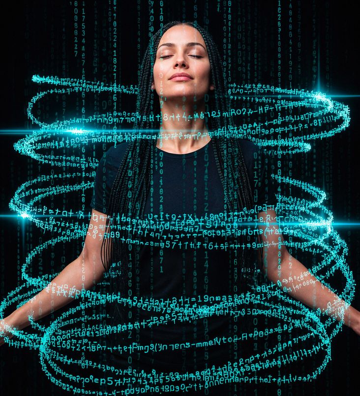 Wie du tiefe Konzentration und Flow erreichst. Bild: Frau umgeben von Codes im Matrix-Stil