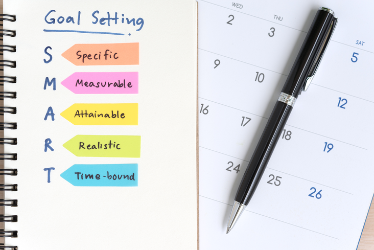 Smart goals setting acronyms on the notebook with calendar