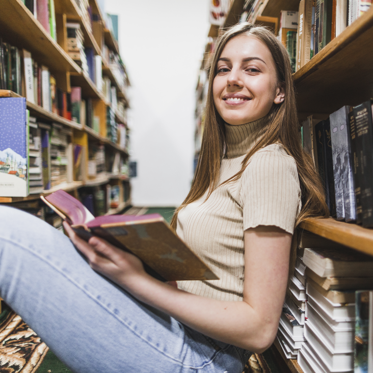 Woman studying in library