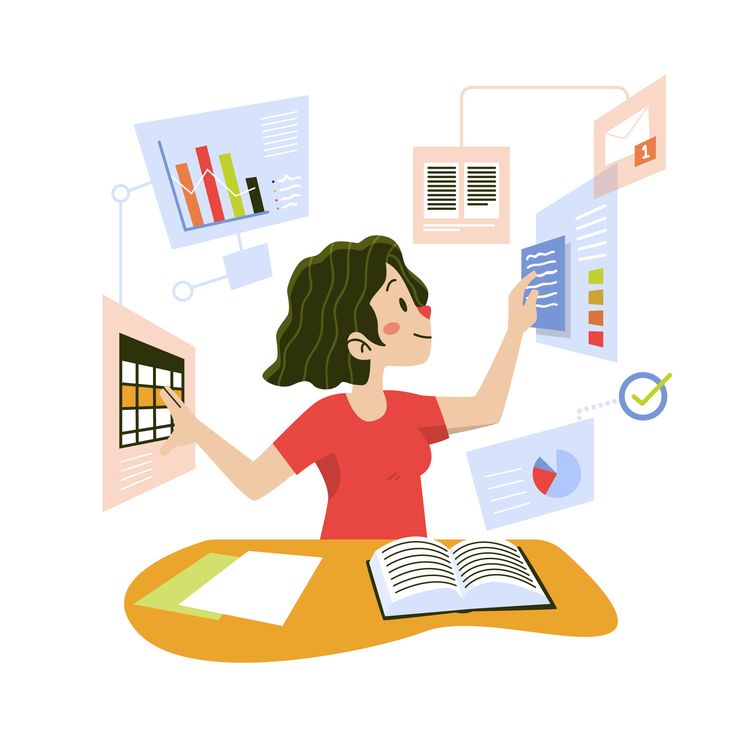 Mental load and productivity. Illustration: woman juggling work, family, and tasks.