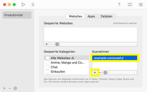 Website-Ausnahme zu 1Focus hinzufügen