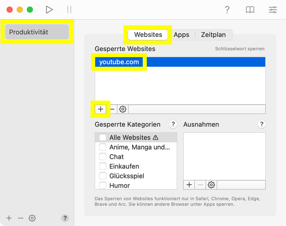 Blockiere YouTube auf dem Mac