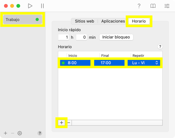 Bloqueo en 1Focus de 08:00 a 17:00