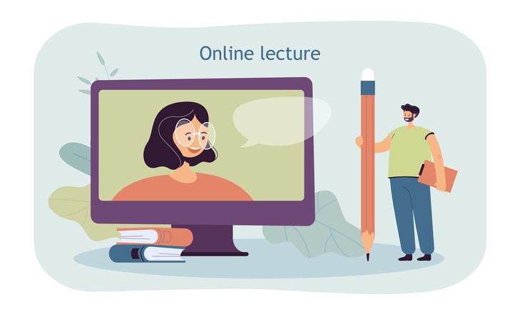 Estudio a distancia. Ilustración: Una persona pequeña con un lápiz gigante observa una clase en línea.