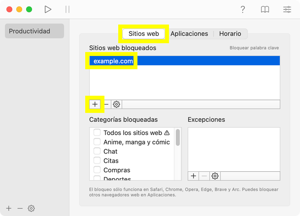 Añadir un sitio web a bloquear en 1Focus