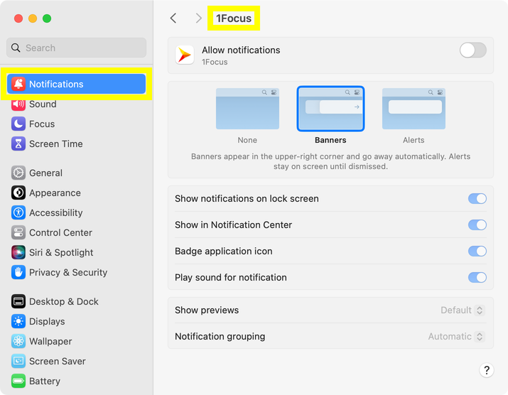 macOS Benachrichtigungseinstellungen