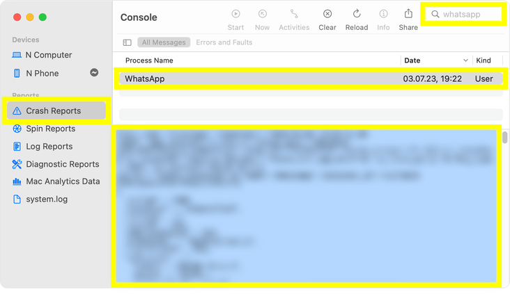 Crash report in Console on Mac
