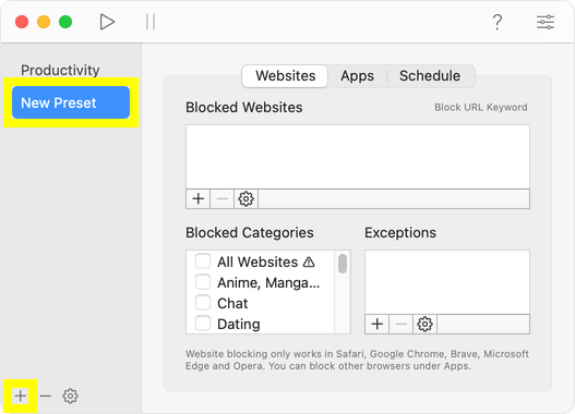 Add a website to block in 1Focus